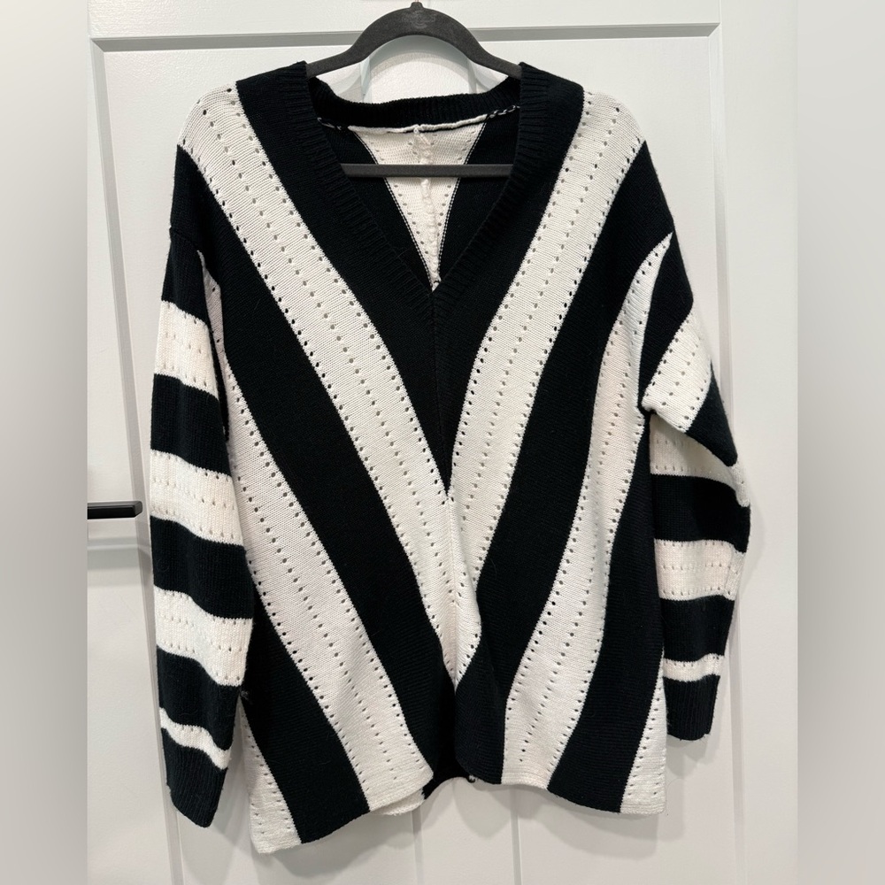 Black & White Striped V-Neck Sweater